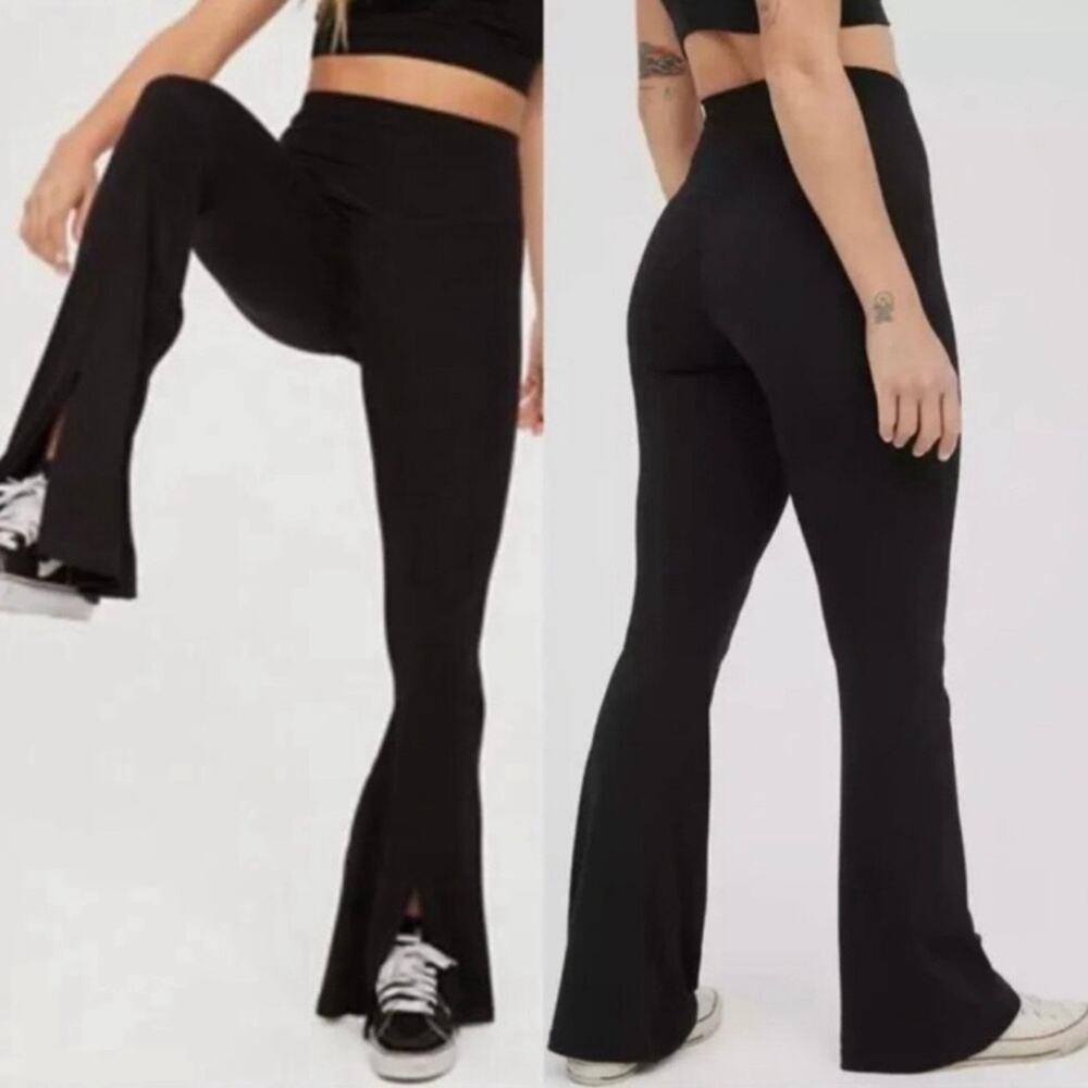 Aerie Offline Fold Over Ribbed Low Rise Flare Legging Women's Small Black